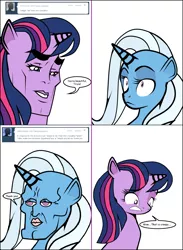 Size: 884x1206 | Tagged: safe, artist:dekomaru, derpibooru import, trixie, twilight sparkle, pony, unicorn, tumblr:ask twixie, ask, comic, faic, female, handsome face, handsome squidward, lesbian, shipping, spongebob squarepants, squidward tentacles, superman, superman/batman apocalypse, tumblr, twixie