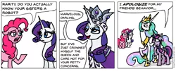 Size: 937x379 | Tagged: safe, artist:gingerfoxy, derpibooru import, pinkie pie, princess celestia, rarity, twilight sparkle, twilight sparkle (alicorn), alicorn, earth pony, pony, unicorn, pony comic generator, clothes, comic, crown, dialogue, female, implied sweetie bot, jewelry, mare, queen, raised hoof, regalia, simple background, text, white background