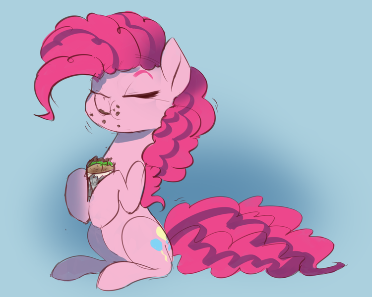 Size: 1280x1024 | Tagged: safe, artist:veesocks, derpibooru import, pinkie pie, earth pony, pony, 30 minute art challenge, burrito, eating, eyes closed, female, food, mare, sitting, solo