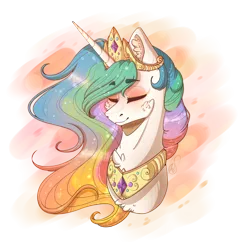 Size: 2690x2600 | Tagged: safe, artist:norica-official, derpibooru import, princess celestia, pony, bust, collar, crown, eyes closed, female, jewelry, mare, necklace, regalia, simple background, solo, transparent background