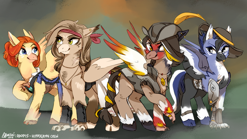 Size: 1920x1080 | Tagged: safe, artist:varllai, derpibooru import, oc, oc:aurelia, oc:merigold, oc:nerissa, oc:scarlett rose, unofficial characters only, hippogriff, adoptable, adoption, auction, crew, digital art, hat, pirate, pirate hat, quartet, signed