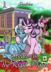 Size: 722x1024 | Tagged: safe, artist:inuhoshi-to-darkpen, derpibooru import, starlight glimmer, trixie, twilight sparkle, twilight sparkle (alicorn), alicorn, pony, unicorn, fanfic, fanfic:hearts in the right places, winningverse, cover art, eyes closed, fanfic art, fanfic cover, feathered fetlocks, female, flower, glowing horn, hearts and hooves day, lesbian, magic, mare, raised hoof, rose, shipping, side hug, startrix, telekinesis, trixie's wagon, unshorn fetlocks, wine bottle