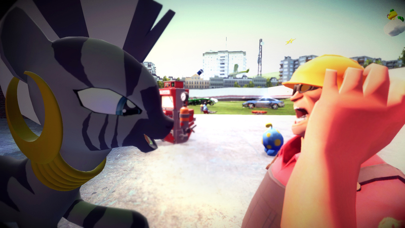 Size: 1366x768 | Tagged: 3d, crossover, derpibooru import, gmod, panic, safe, team fortress 2, zecora