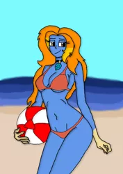 Size: 846x1196 | Tagged: safe, artist:jmaster99, derpibooru import, oc, oc:serenade, unofficial characters only, siren, equestria girls, beach, beach ball, bikini, clothes, gem, siren gem, swimsuit