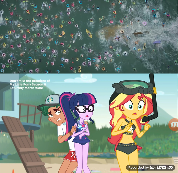 Size: 1225x1193 | Tagged: safe, artist:steghost, derpibooru import, edit, screencap, sunset shimmer, timber spruce, twilight sparkle, megalodon, shark, equestria girls, equestria girls series, unsolved selfie mysteries, bikini, clothes, crossover, geode of empathy, geode of telekinesis, jason statham, legs, lifeguard timber, meg, ocean, scared, swimsuit, the meg, this will end in death, this will not end well, trailer, water