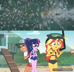 Size: 1225x1193 | Tagged: safe, artist:steghost, derpibooru import, edit, screencap, sunset shimmer, timber spruce, twilight sparkle, megalodon, shark, equestria girls, equestria girls series, unsolved selfie mysteries, bikini, clothes, crossover, geode of empathy, geode of telekinesis, jason statham, legs, lifeguard timber, meg, ocean, scared, swimsuit, the meg, this will end in death, this will not end well, trailer, water