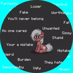 Size: 400x400 | Tagged: safe, derpibooru import, part of a set, oc, oc:velvet love, unofficial characters only, pony, pony town, bashing, blue background, blue eyes, bullying, discorded, female, grammar error, gray background, hate, love, mare, misspelling, misspelling of you're, sad, simple background, solo, text, trolling, unreadable text, white hair