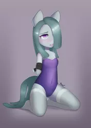 Size: 2480x3508 | Tagged: suggestive, artist:pezzhippo, derpibooru import, marble pie, anthro, earth pony, arm behind back, blushing, bondage, bunny suit, clothes, female, femsub, hair over one eye, kneeling, leotard, mare, simple background, socks, solo, solo female, stockings, submissive, thigh highs