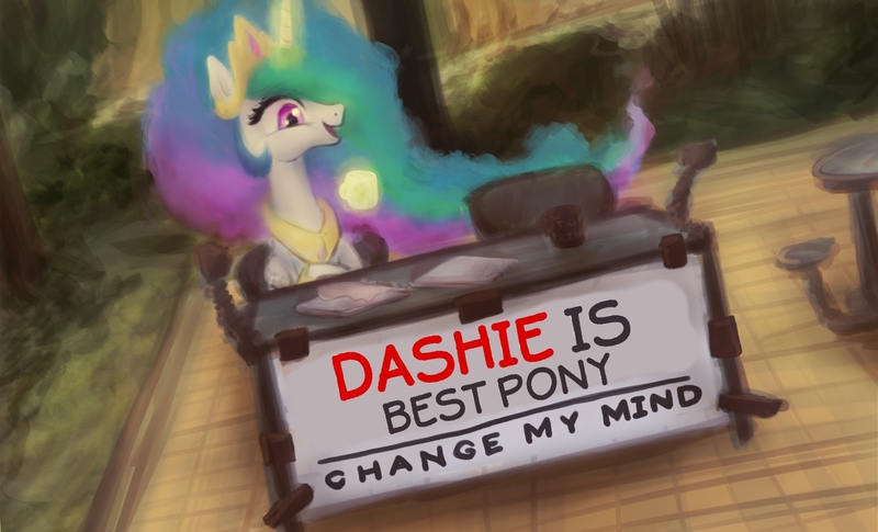 Size: 1600x969 | Tagged: safe, artist:plotcore, derpibooru import, edit, princess celestia, alicorn, pony, best pony, change my mind, colored, female, glowing horn, horn, in-universe pegasister, magic, mare, meme, mouthpiece, mugclub, sign, sitting, solo, steven crowder, table, telekinesis, text