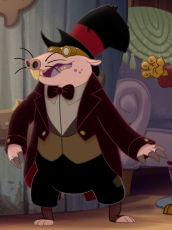 Size: 350x469 | Tagged: anthro, bowtie, clothes, cropped, derpibooru import, goggles, hat, klugetown, male, my little pony: the movie, naked mole rat, plantigrade anthro, safe, screencap, solo focus, suit, top hat, verko, whiskers