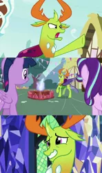 Size: 1280x2160 | Tagged: adoracreepy, alicorn, angry, behaving like a moth, changedling, changeling, creepy, cute, derpibooru import, edit, edited screencap, fire, grin, king thorax, more fun than it sounds, nervous, nervous grin, pony eyes, pony eyes edit, safe, screencap, smiling, starlight glimmer, thorabetes, thorax, triple threat, twilight sparkle, twilight sparkle (alicorn)