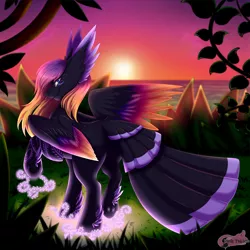 Size: 2400x2400 | Tagged: safe, artist:pinktabico, derpibooru import, oc, oc:blooming lotus, unofficial characters only, pegasus, pony, colored wings, colored wingtips, commission, feathered ears, feathered fetlocks, female, gradient wings, grass, looking at you, looking back, looking back at you, mare, multicolored mane, multicolored wings, ocean, raised hoof, rear view, sky, smiling, solo, spread wings, standing, sunset, tail feathers, underhoof, water, wings