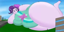Size: 4800x2400 | Tagged: suggestive, artist:feyzer, derpibooru import, starlight glimmer, oc, oc:checkerboard, equestria girls, barefoot, bbw, breasts, city, clothes, fat, fat boobs, feet, female, giantess, huge, macro, obese, one-piece swimsuit, people, solo, solo female, ssbbw, starlard glimmer, swimsuit, tiny head