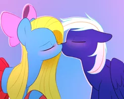 Size: 1600x1280 | Tagged: safe, artist:acersiii, derpibooru import, oc, oc:cuteamena, oc:electric blue, unofficial characters only, earth pony, pegasus, pony, blushing, bow, clothes, couple, cute, electricute, eyes closed, female, hair bow, kissing, male, mare, oc x oc, pleated skirt, romantic, shipping, skirt, socks, stallion, straight