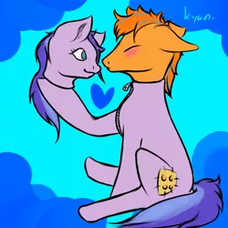 Size: 1280x1280 | Tagged: artist:kyainn, costume pony, derpibooru import, detached head, dressing, female, kissing, living suit, looking at each other, male, mask, masking, modular, object pony, oc, oc:cold front, oc:polkadot patch, oc x oc, original species, patch, polka dots, ponified, ponysuit, rule 63, safe, shipping, smiling, stitches, straight, unofficial characters only, zipper