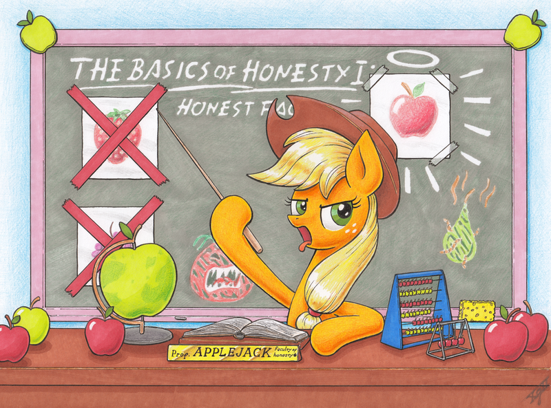 Size: 4170x3090 | Tagged: safe, artist:xeviousgreenii, derpibooru import, applejack, earth pony, pony, school daze, abacus, absurd file size, apple, applejack's hat, attack of the killer tomatoes, biased, book, chalkboard, cheese, cowboy hat, female, food, globe, grapes, halo, hat, newton's cradle, pear, pointer, scene interpretation, solo, sponge, strawberry, teacher, that pony sure does hate pears, that pony sure does hate strawberries, that pony sure does love apples, tongue out