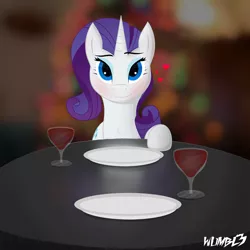 Size: 4000x4000 | Tagged: safe, artist:wumbl3, derpibooru import, rarity, unicorn, 30 minute art challenge, alcohol, blushing, date, date night, female, glass, heart, looking at you, mare, plate, restaurant, smiling, solo, waifu dinner, wine, wine glass