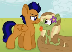 Size: 1931x1392 | Tagged: safe, artist:kindheart525, artist:shelbi-cat, derpibooru import, oc, oc:flower power, oc:motocross, unofficial characters only, earth pony, pegasus, pony, kindverse, collaboration, flower, flower in hair, looking at each other, mud, offspring, parent:rumble, parent:scootaloo, parent:tree hugger, parents:rumbloo, tongue out