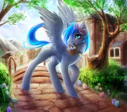 Size: 1920x1700 | Tagged: safe, artist:elzafox, derpibooru import, oc, oc:key turner, unofficial characters only, pegasus, pony, basket, commission, easter basket, easter egg, femboy, male, scenery, solo, stallion, town, ych result