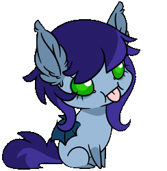 Size: 500x512 | Tagged: safe, artist:kez, derpibooru import, oc, oc:blue bat, unofficial characters only, bat pony, :p, animated, bat pony oc, blinking, gif, headbob, silly, simple background, sitting, solo, tongue out, transparent background