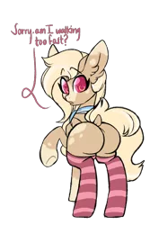 Size: 1000x1500 | Tagged: suggestive, artist:mimisaurusrex, derpibooru import, oc, oc:powdered sugar, unofficial characters only, pegasus, pony, ascot, body markings, clothes, dialogue, dock, looking at camera, looking at you, looking back, raised hoof, simple background, socks, solo, striped socks, thigh highs, transparent background