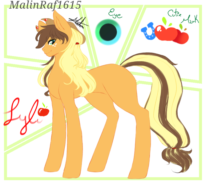 Size: 768x689 | Tagged: safe, artist:malinraf1615, derpibooru import, oc, oc:lyli, earth pony, pony, abstract background, cowboy hat, female, freckles, hat, mare, offspring, parent:applejack, parent:caramel, parents:carajack, reference sheet, solo, stetson