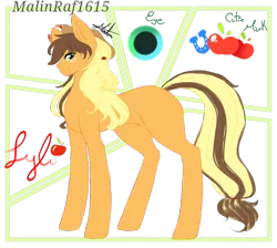 Size: 768x689 | Tagged: safe, artist:malinraf1615, derpibooru import, oc, oc:lyli, earth pony, pony, abstract background, cowboy hat, female, freckles, hat, mare, offspring, parent:applejack, parent:caramel, parents:carajack, reference sheet, solo, stetson