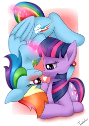 Size: 2480x3507 | Tagged: safe, artist:twidasher, derpibooru import, rainbow dash, twilight sparkle, pegasus, pony, unicorn, blue feather, blushing, female, image, lesbian, looking at each other, magic, png, shipping, tail, tail pull, twidash