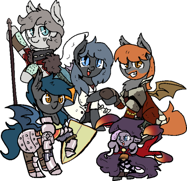 Size: 622x601 | Tagged: safe, artist:nootaz, derpibooru import, oc, oc:angel tears, oc:brick kindler, oc:nuke, oc:sirocca, oc:speck, bat pony, angelkindler, bat pony oc, commission, etrian odyssey, female, hexer, husband and wife, male, married couple, medic (class), protector (class), simple background, speke, transparent background