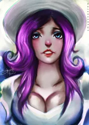 Size: 1144x1600 | Tagged: artist:bunsogen, breasts, busty rarity, cleavage, clothes, derpibooru import, female, hat, human, humanized, rarity, solo, solo female, suggestive