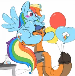 Size: 1260x1280 | Tagged: artist:buoyantbliss, balloon, balloon pony, balloon rainbow dash, blushing, cute, derpibooru import, fox, furry, hug, inanimate tf, inflatable, inflatable pony, inflated ears, inflated tail, inflated wings, non-mlp oc, oc, rainbow dash, safe, transformation