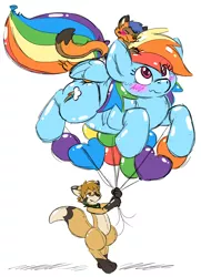 Size: 912x1262 | Tagged: artist:buoyantbliss, balloon, balloon pony, balloon rainbow dash, carrying, derpibooru import, fox, furry, inanimate tf, inflatable, inflatable pony, inflated ears, inflated tail, non-mlp oc, oc, rainbow dash, riding, safe, transformation