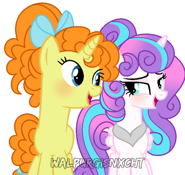 Size: 600x567 | Tagged: safe, artist:t-aroutachiikun, derpibooru import, princess flurry heart, pumpkin cake, alicorn, pony, unicorn, adult, alternate universe, base used, bow, duo, female, hair bow, lesbian, mare, older, older flurry heart, older pumpkin cake, pumpkin heart, shipping, simple background, transparent background, watermark