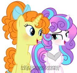 Size: 600x567 | Tagged: safe, artist:t-aroutachiikun, derpibooru import, princess flurry heart, pumpkin cake, alicorn, pony, unicorn, adult, alternate universe, base used, bow, duo, female, hair bow, lesbian, mare, older, older flurry heart, older pumpkin cake, pumpkin heart, shipping, simple background, transparent background, watermark