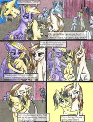 Size: 1950x2550 | Tagged: safe, artist:tillie-tmb, derpibooru import, oc, oc:mavis morel, oc:storm sabre, oc:sweet potato, oc:tempest, unofficial characters only, earth pony, pegasus, pony, unicorn, comic:the amulet of shades, braid, comic, female, flashback, mare, traditional art, younger