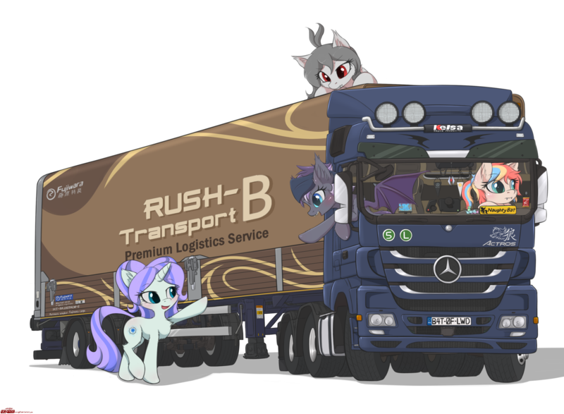 Size: 3320x2436 | Tagged: safe, alternate version, artist:orang111, derpibooru import, oc, oc:chicory, oc:lai chi, oc:violet rose, bat pony, unicorn, bat pony oc, detailed, rush b, semi truck, simple background, transparent background, truck, vehicle