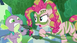 Size: 1280x720 | Tagged: safe, derpibooru import, screencap, pinkie pie, spike, twilight sparkle, twilight sparkle (alicorn), alicorn, dragon, earth pony, pony, the cutie re-mark, alternate timeline, backpack, bodypaint, chrysalis resistance timeline, female, male, mare, mud, muddy, scared, spear, stone spear, tribal pie, war paint, weapon