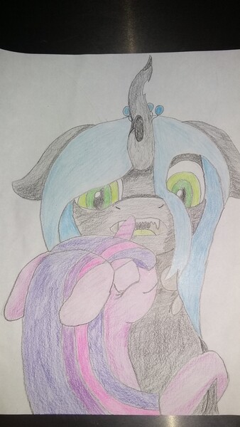 Size: 1836x3264 | Tagged: artist:krumpcakes, derpibooru import, female, hug, lesbian, nuzzling, queen chrysalis, safe, shipping, simple background, surprised, traditional art, twilight sparkle, twisalis