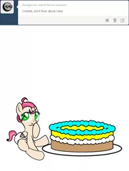 Size: 600x800 | Tagged: safe, artist:dekomaru, derpibooru import, oc, oc:confetti, unofficial characters only, alicorn, pony, tumblr:ask twixie, alicorn oc, ask, baby, baby pony, cake, female, filly, food, offspring, parent:oc:dazzle, parent:pinkie pie, parents:canon x oc, simple background, solo, tumblr, white background