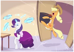 Size: 1344x943 | Tagged: safe, artist:feellikeaplat, deleted from derpibooru, derpibooru import, applejack, rarity, earth pony, pony, unicorn, apron, bipedal, butter knife, carrying, clothes, commission, cooking pot, dinner, dishes, door, dress, duo, ear fluff, excited, exuberant, eyes closed, female, food, fork, glowing horn, grin, happy, hoof hold, hug, kicking, lesbian, levitation, magic, mare, open mouth, plate, pleased, raised hoof, rarijack, running, shipping, silly, silly pony, silverware, smiling, soup, table, telekinesis, this will end in tears, unaware, underhoof, wat