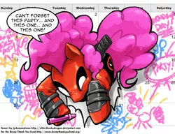 Size: 822x632 | Tagged: safe, artist:slifertheskydragon, derpibooru import, pinkie pie, earth pony, pony, calendar, clothes, cosplay, costume, crayon, deadpool, dialogue, fourth wall, pinkiepool, solo, speech bubble