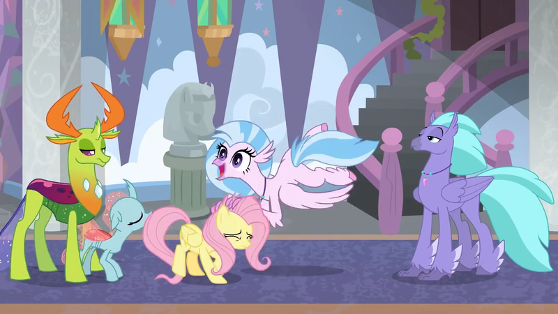 Size: 1280x720 | Tagged: changedling, changeling, derpibooru import, female, fluttershy, king thorax, male, ocellus, safe, school daze, screencap, seaspray, silverstream, thorax