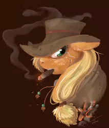 Size: 1000x1171 | Tagged: safe, artist:fyrecalla, derpibooru import, part of a set, applejack, pony, bounty hunter, bust, cigar, cloak, clothes, female, hat, mare, scar, smoking, solo, western