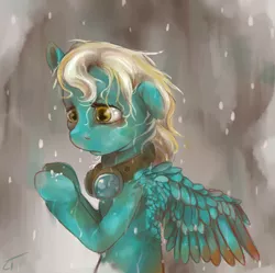 Size: 1211x1204 | Tagged: safe, artist:fyrecalla, derpibooru import, oc, oc:cloudshine, unofficial characters only, pegasus, pony, female, goggles, mare, rain, sad, solo, wings