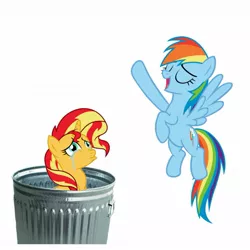 Size: 1275x1275 | Tagged: abuse, background pony strikes again, derpibooru import, downvote bait, rainbow dash, sad, safe, shimmerbuse, simple background, sunset shimmer, sunset shimmer's trash can, trash can, white background