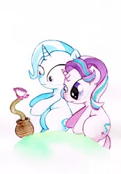 Size: 2394x3437 | Tagged: safe, artist:shiinadrawmiku, derpibooru import, starlight glimmer, trixie, pony, snake, unicorn, cup, teacup, that pony sure does love teacups, traditional art, watercolor painting