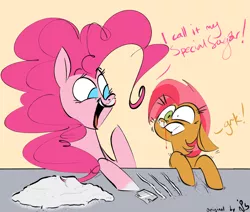 Size: 1520x1291 | Tagged: safe, artist:hattsy, derpibooru import, babs seed, pinkie pie, earth pony, pony, blood, cocaine, corrupting the youth, dialogue, drugs, duo, female, filly, gritted teeth, mare, mismatched eyes, nosebleed, open mouth, redraw, signature, smiling, table, wide eyes