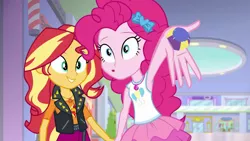 Size: 3643x2048 | Tagged: safe, derpibooru import, screencap, pinkie pie, sunset shimmer, a fine line, equestria girls, equestria girls series, ball, duo, geode of empathy, geode of sugar bombs