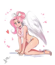 Size: 2344x2780 | Tagged: adorasexy, all fours, alternate hairstyle, angelic wings, artist:mrscurlystyles, blushing, bow, bra, breasts, busty fluttershy, choker, chokershy, clothes, cute, derpibooru import, female, fluttershy, frilly underwear, hair bow, heart, high heels, human, humanized, looking at you, panties, sexy, shoes, shyabetes, simple background, smiling, solo, solo female, suggestive, thong, underwear, white background, winged humanization, wings