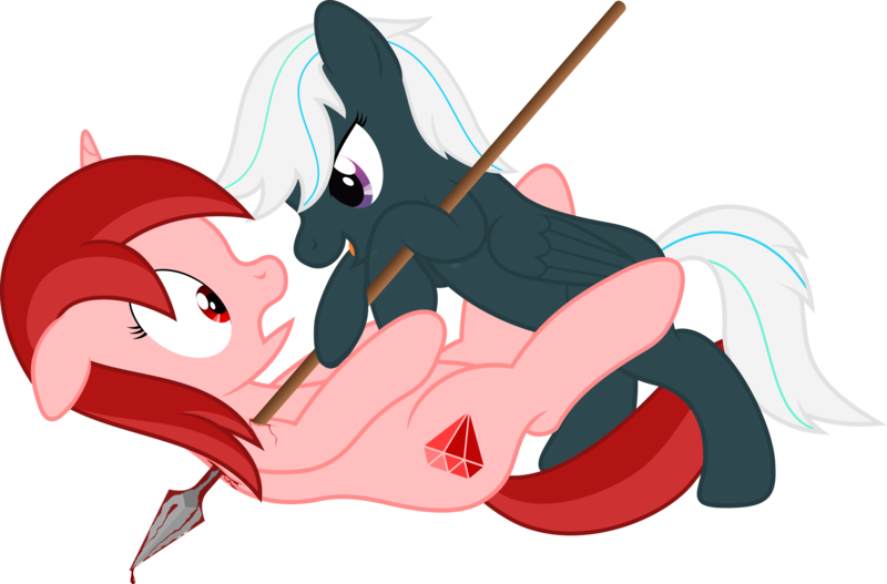 Size: 5716x3765 | Tagged: semi-grimdark, artist:waveywaves, derpibooru import, oc, oc:crosswind, oc:ruby rey, unofficial characters only, pegasus, pony, unicorn, blood, simple background, spear, stabbing, transparent background, weapon